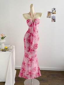 Soleia 女士印花褶皱吊带长裙 - 粉色 - 查看 1