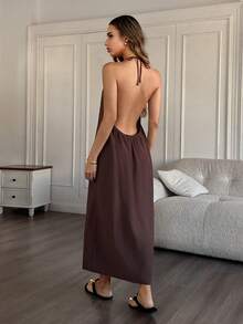 HautHeat Camisola Feminina de Cor Sólida com Franzido Lateral e Decote Halter - Café - Visão 2