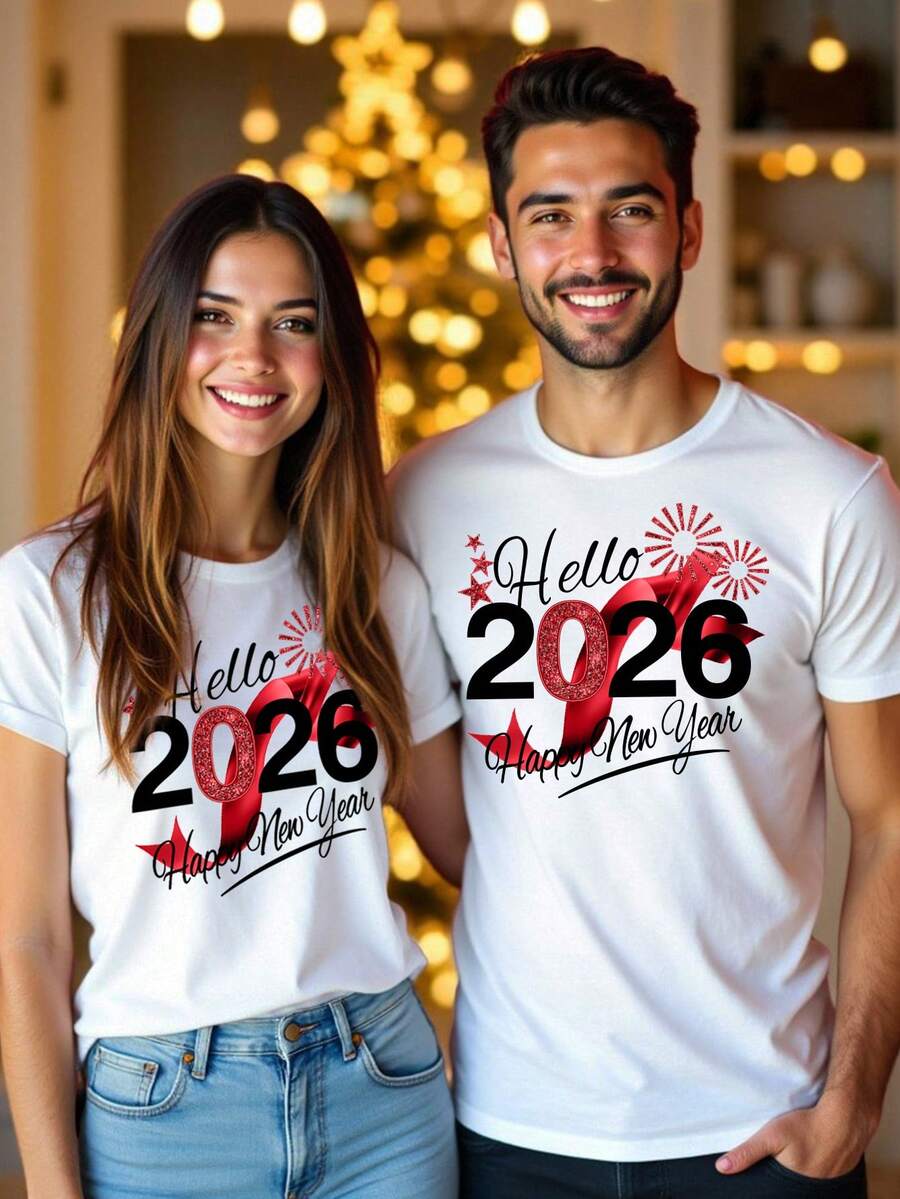 Manfinity Homme Unisex Happy New Year 2026 White T-Shirt, Holiday Golden Ribbon Element 2026 New Year Limited Edition Couple Crew Neck T-Shirt