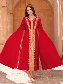 Sparklyn 少女缀饰V领优雅长款连衣裙 - 紅色 - 查看 4