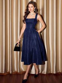 Vintamour 复古优雅女士连衣裙，带口袋，提花面料，度假风连衣裙，优雅派对连衣裙，长款派对连衣裙，女士派对连衣裙，秋季女装，万圣节服装，冬季服装，圣诞节冬季连衣裙，女士秋季服装，女士万圣节服装，女士圣诞节服装，圣诞派对连衣裙，优雅派对连衣裙 - 藏蓝色 - 查看 4