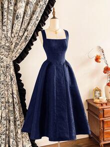 Vintamour 复古优雅女士连衣裙，带口袋，提花面料，度假风连衣裙，优雅派对连衣裙，长款派对连衣裙，女士派对连衣裙，秋季女装，万圣节服装，冬季服装，圣诞节冬季连衣裙，女士秋季服装，女士万圣节服装，女士圣诞节服装，圣诞派对连衣裙，优雅派对连衣裙 - 藏蓝色 - 查看 8