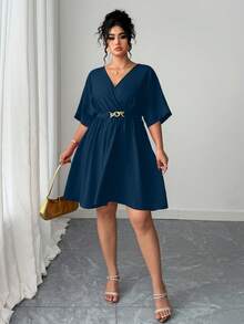 Elenzga Váy dạ hội ngắn màu đỏ cổ chữ V thanh lịch, eo cao, phong cách giản dị và tối giản cho mùa hè - Màu xanh lam - Xem 5