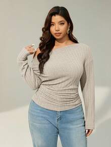 SHEIN Essnce 大码女装秋冬时尚休闲高弹舒适日常保暖磨毛腋下修身不对称肩部上衣，秋季外出上衣，优雅女装上衣 - 杏色 - 查看 3