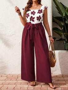 Breezaya Bộ jumpsuit dáng suông thanh lịch in hoa cỡ lớn, phối màu tương phản và tay áo loe, thích hợp cho kỳ nghỉ, mùa xuân/hè. - Nhiều màu - Xem 1