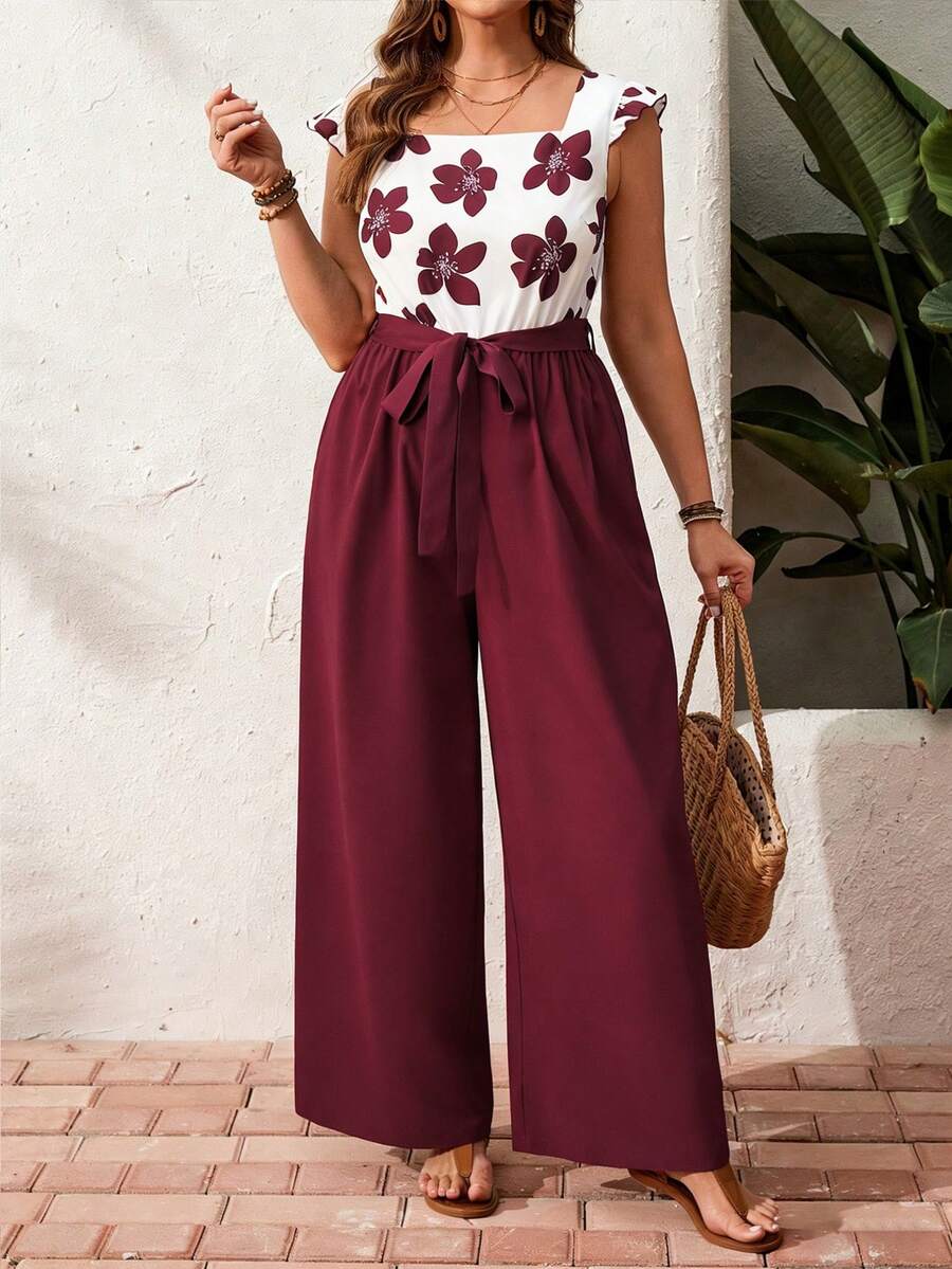 Breezaya Bộ jumpsuit dáng suông thanh lịch in hoa cỡ lớn, phối màu tương phản và tay áo loe, thích hợp cho kỳ nghỉ, mùa xuân/hè. - Nhiều màu - Xem 1