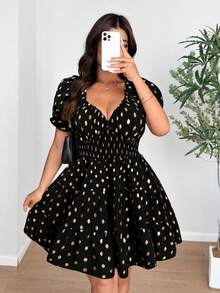 Vionelle Vestido casual de manga corta con efecto metálico vintage y favorecedora silueta para tallas grandes - Negro - Ver 4