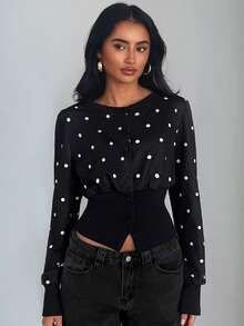 Glamine 极简黑色针织圆领长袖拼接罗纹开襟常规版型女式卫衣 - 黑色 - 查看 1