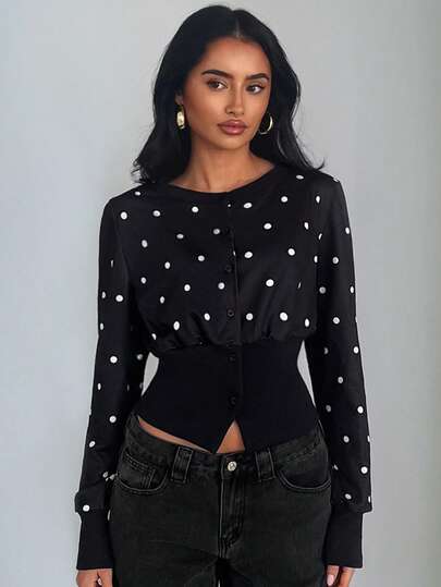 Glamine 极简黑色针织圆领长袖拼接罗纹开襟常规版型女式卫衣