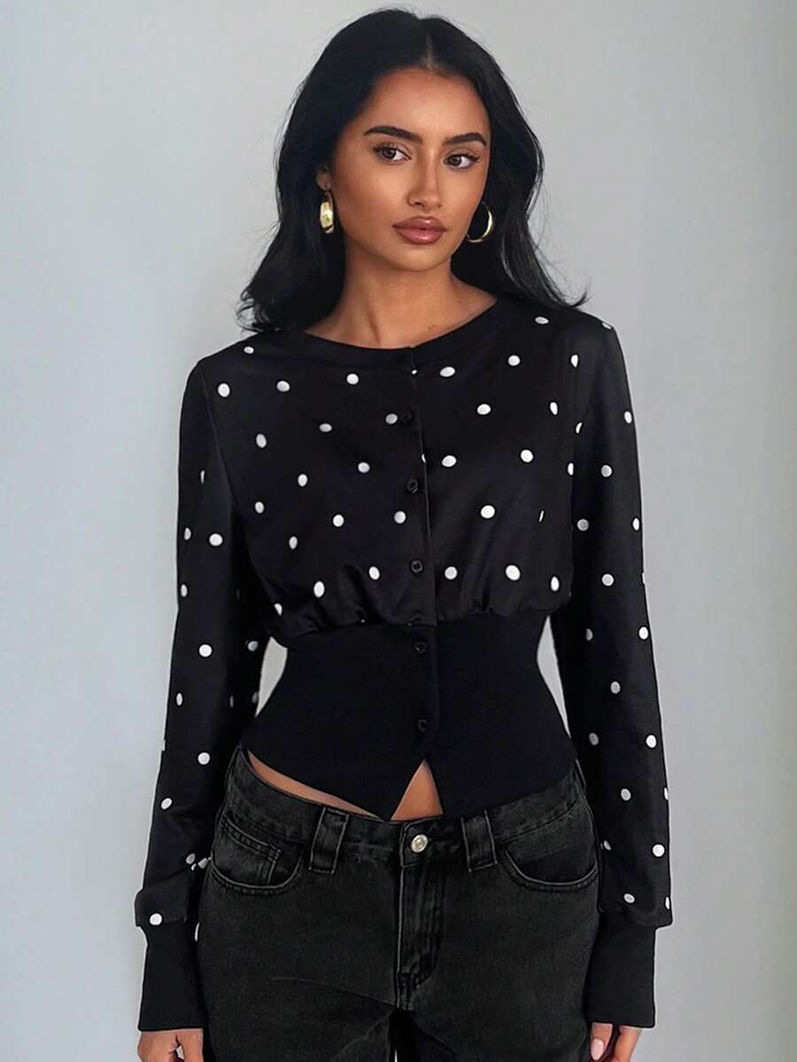 Glamine 极简黑色针织圆领长袖拼接罗纹开襟常规版型女式卫衣 - 黑色 - 查看 1