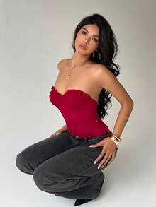 Aloruh Áo croptop quây màu trơn có bèo nhún dành cho nữ, thời trang và gợi cảm cho ngày Valentine, đi biển, du lịch, phong cách Y2K màu đỏ, áo dành cho nữ sinh đi học, dự tiệc. - Đỏ - Xem 7