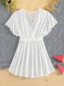 Tween Girl Solid Hollow Out Drawstring Waist Cover Up Summer Holiday - White - View 1