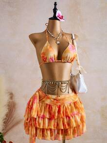 Bellisia 3pcs Women Orange & Pink Floral Print Cake Style Swimsuit Set - Multicolor - View 3