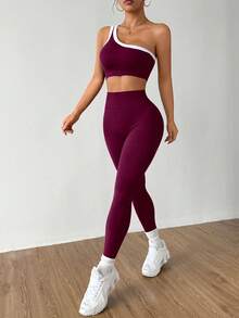 Dewbera Conjunto deportivo para mujer con top de yoga sin costuras de un solo hombro y alta elasticidad que levanta el trasero - Rojo violeta - Ver 3
