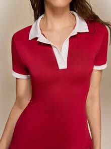 Hanevo Women's Casual Golf Skirt, Burgundy Polo Collar Pleated Button-Down Dress - Burgundy - View 4