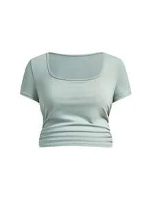 SHEIN 2 pezzi Set casual di maglietta a maniche corte con scollo quadrato e arricciature e pantaloni con vita con coulisse, colore tinta unita, per gravidanza - Verde - Visualizzare 7