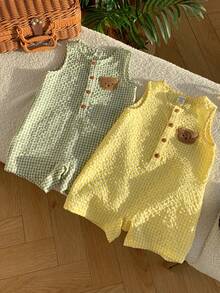 SHEIN Bộ 2 món/Bộ quần áo liền thân không tay họa tiết gấu dễ thương màu kẹo dành cho bé trai/bé gái sơ sinh, phù hợp cho mùa xuân/hè, tiệc sinh nhật, đám cưới, tiệc chào đón em bé - Nhiều màu - Xem 6