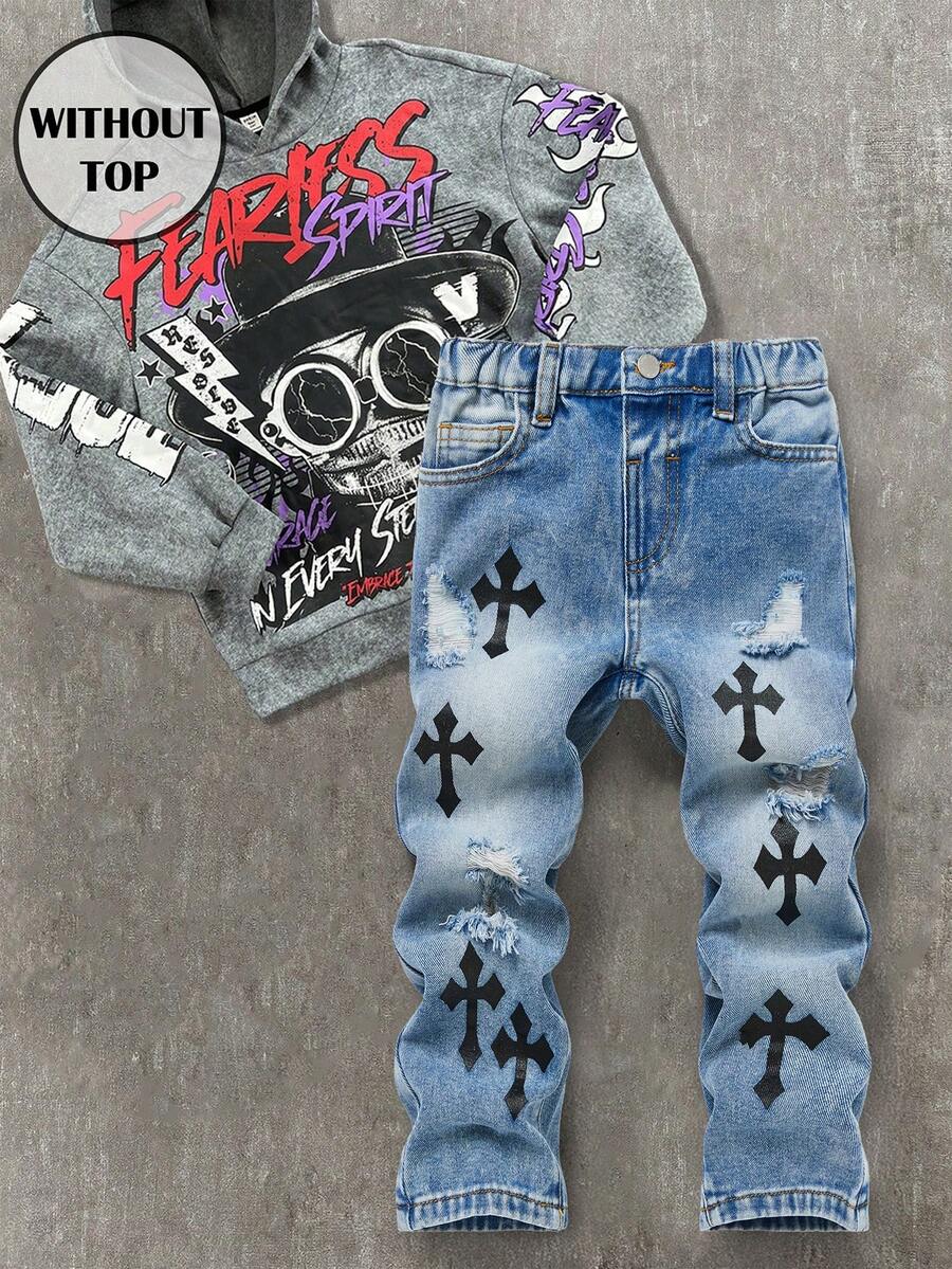 年轻男孩白色十字图案黑色做旧宽松牛仔裤 - 淺色水洗藍 - 查看 1