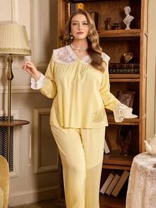 PalaceNights 大码蕾丝拼接长袖上衣和荷叶边阔腿裤睡衣套装 - 黃色 - 查看 7