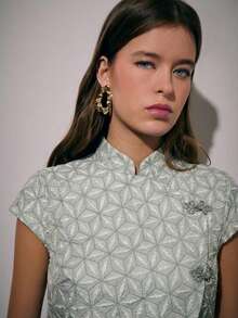 Nöista Geometric Short-Sleeve Top And Wide-Leg Pants Set With Detailed Chinese Buttons.Coordinated Two Pieces Perfect For Summer Outfits Spring Break - Mint Green - View 7