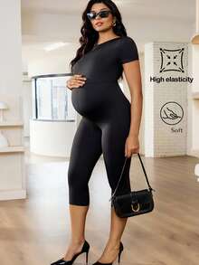 MaterniWear Black Crew Neck Short-Sleeved Slim-Fit Casual Jumpsuit, Suitable For Pregnant Women, Perfect For Daily Commuting And Casual Wear In Summer. - Black - View 7