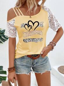 SHEIN LUNE 女士蕾丝拼接爱心豹纹印花T恤 猎豹印花T恤 女士上衣 - 黃色 - 查看 6
