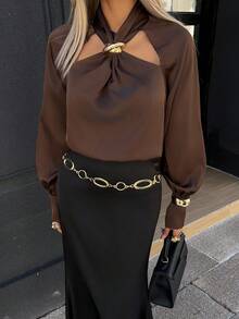 Siren Gaze Áo sơ mi nữ màu nâu khoét nút kim loại, hàng mới về mùa thu/đông - màu nâu - Xem 4