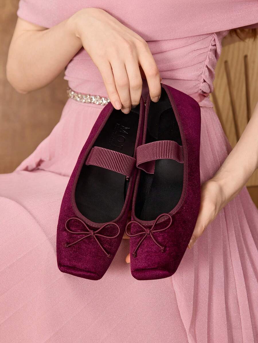 Giày bệt mũi vuông họa tiết nơ cho nữ - Màu Đỏ Sâu - Xem 1