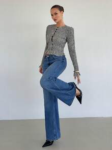 Siren Gaze Women's Plaid Round Neck Long Sleeve Ruched Single-Breasted Ruched Hem Fashion Blouse Spring - Black and White - View 5