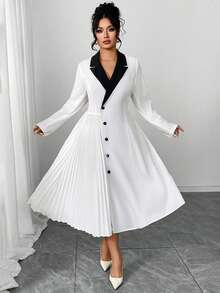 SHEIN Elenzya Große Größen Elegantes Pendlerkleid für Damen, mit Kragen, Langarm, Taillenbund mit Falten, Schwarz & Weiß, Herbst/Winter - Schwarz und Weiss - Übersicht 3