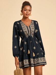 Travachic V领印花休闲度假长袖连衣裙 - 黑色 - 查看 4