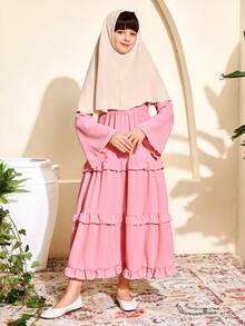 SHEIN Váy Maxi dài tay xếp nếp họa tiết hoa màu hồng cho bé gái, thích hợp cho các buổi đi chơi, đi làm, tiệc tùng, mua sắm, có thể kết hợp với áo khoác, áo khoác ngoài - Hồng - Xem 4