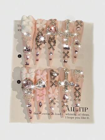 Anime 10 piezas de uñas postizas de alta calidad con diseños de moño, nota musical y estrella hechas a mano + 3 piezas de adhesivo doble cara, pegatinas de arte de uñas desmontables con cadena de strass y lunares estilo francés Y2K, adecuadas para vacaciones, fiestas, baile y uso diario