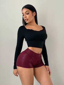 SHEIN SXY Women's High Waist Faux Crocodile Textured Skinny Short Leggings - Burgundy - View 6