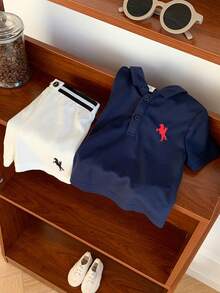 SHEIN 2件套男宝宝可爱学院风经典Polo衫短裤套装，适合休闲外出、室内活动、生日派对、晚宴、婚礼、迎婴派对、洗礼和一周岁生日庆祝，春夏款。 - 藏蓝色 - 查看 4