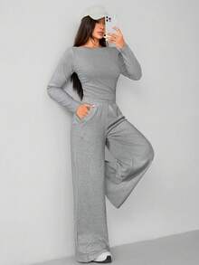 SHEIN PETITE Bộ đồ hai mảnh màu xám đậm mặc nhà thoải mái và dễ chịu cho nữ mùa thu đông áo len mỏng + quần ống rộng - Xám - Xem 5