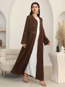 Al Najma Women's Loose Fit Elegant Rhinestone Embellished Robe, Black Abayas - Coffee Brown - View 7