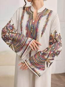 Al Najma 女士优雅时尚日常通勤连衣裙，宽松版型，花卉蕾丝饰边领口和袖口，浅色 - 杏色 - 查看 5