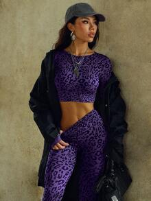 SHEIN Dewbera 女士豹纹紧身长袖上衣和打底裤运动套装 - 紫色 - 查看 6