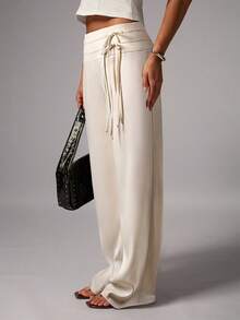 Avenya 条纹低腰阔腿及地长裤，双腰带装饰 - 杏色 - 查看 5