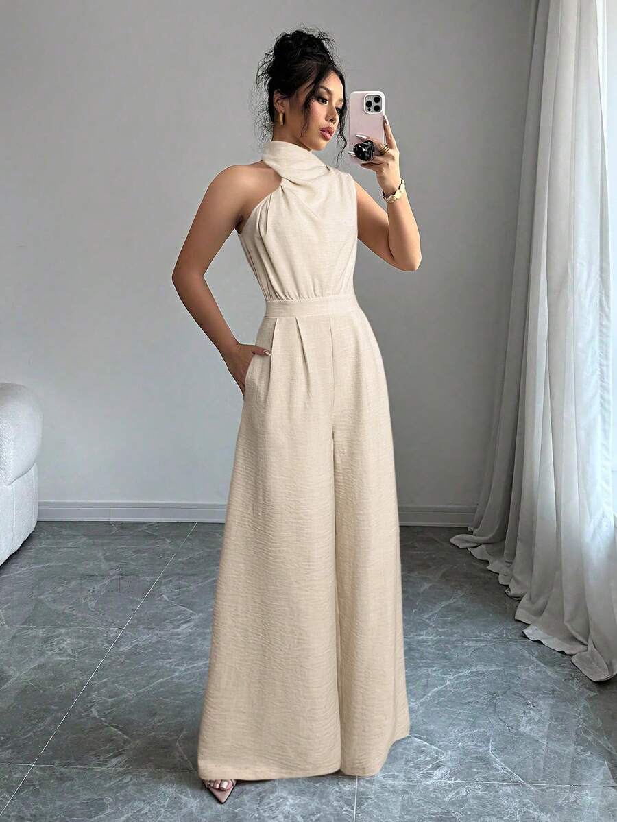 Firerie 女士杏色高领无袖阔腿连体裤