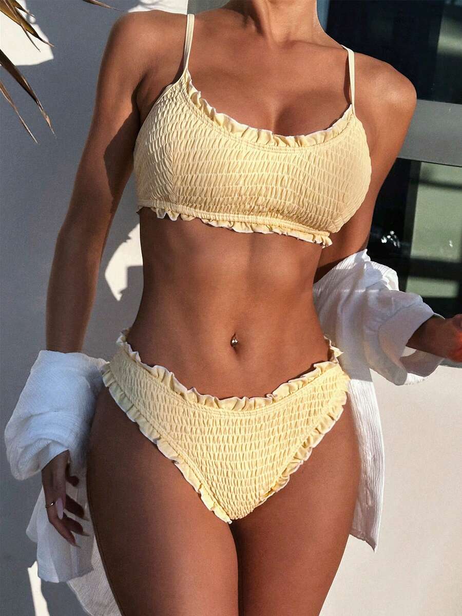 Bonvoyette-D Solid Color Ruched Edge Spaghetti Strap Casual Cute Beach Bikini Set For Women, Spring/Summer - Yellow - View 1