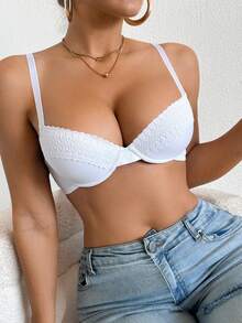 DesireSculpt 1pc Women's Solid Color Lace Patchwork Bra - White - View 11