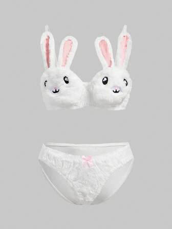 Kawaii Ensemble de soutien-gorge sans fil mignon avec lapin brodé, dentelle et nœud