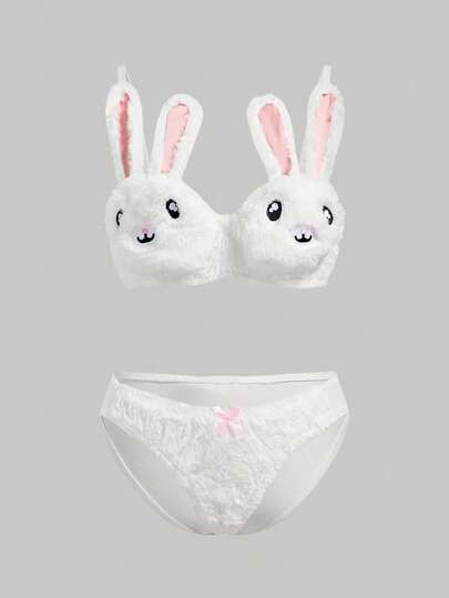 Kawaii Cute Bunny Embroidery Plush Lace Bow Wireless Bra Set