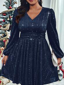 Roveilla 大码 V 领亮片长袖连衣裙 - 藏蓝色 - 查看 3
