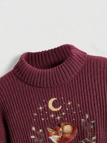ROMWE Fairycore Women's Casual Versatile Commuting Fox Embroidery Pattern Turtleneck Long Sleeve Sweater, Suitable For Autumn/Winter - Burgundy - View 4