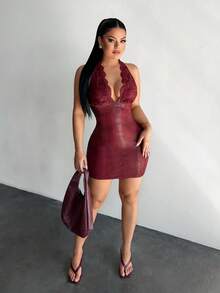 SHEIN SXY Đầm ôm sát cổ chữ V sâu phối ren tương phản dành cho nữ - Màu Đỏ Sâu - Xem 3