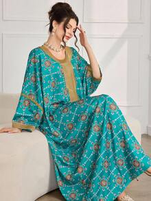 Al Najma Váy Maxi Thổ Nhĩ Kỳ rộng rãi, thường ngày, họa tiết hoa cổ điển, viền vàng, chắp vá dành cho nữ - màu xanh lá - Xem 7