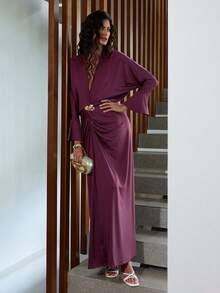 Opulessa Women's Deep V-Neck Bat Wing Sleeve Metal Decor Fashion Dress,Dark Purple,Autumn,Elegant,Dining Formal Dress,Winter Christmas Party Outfits - Purple - View 3